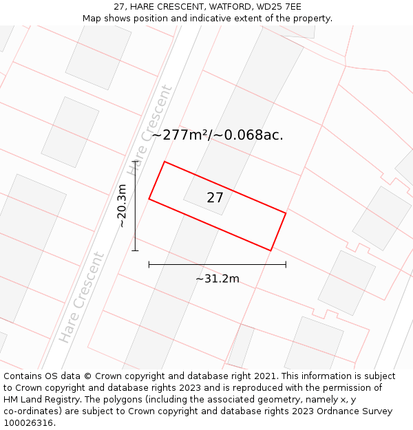 27, HARE CRESCENT, WATFORD, WD25 7EE: Plot and title map
