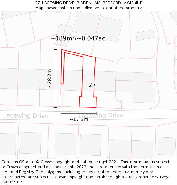 27, LACEWING DRIVE, BIDDENHAM, BEDFORD, MK40 4UP: Plot and title map