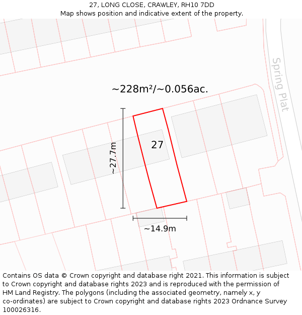27, LONG CLOSE, CRAWLEY, RH10 7DD: Plot and title map