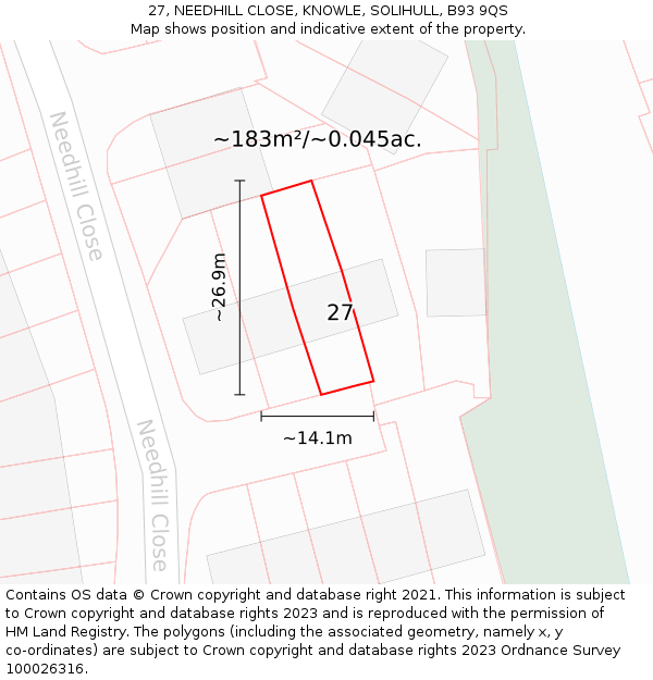 27, NEEDHILL CLOSE, KNOWLE, SOLIHULL, B93 9QS: Plot and title map
