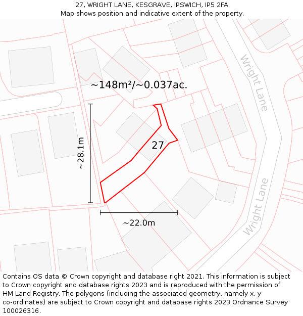27, WRIGHT LANE, KESGRAVE, IPSWICH, IP5 2FA: Plot and title map