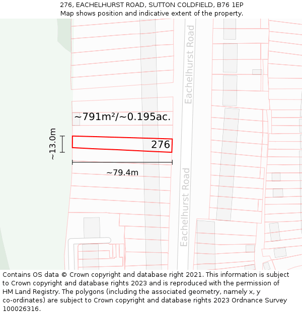 276, EACHELHURST ROAD, SUTTON COLDFIELD, B76 1EP: Plot and title map