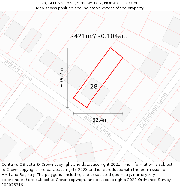 28, ALLENS LANE, SPROWSTON, NORWICH, NR7 8EJ: Plot and title map