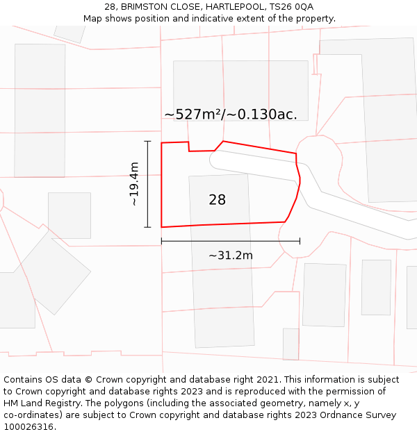 28, BRIMSTON CLOSE, HARTLEPOOL, TS26 0QA: Plot and title map