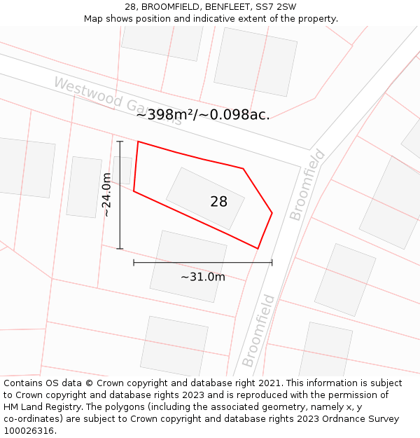 28, BROOMFIELD, BENFLEET, SS7 2SW: Plot and title map