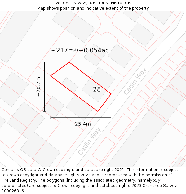 28, CATLIN WAY, RUSHDEN, NN10 9FN: Plot and title map