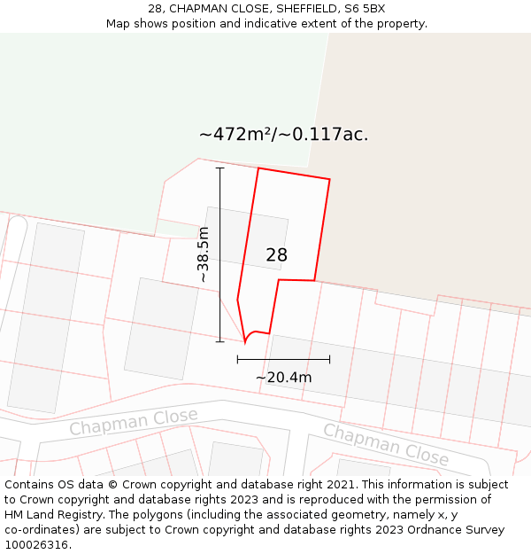 28, CHAPMAN CLOSE, SHEFFIELD, S6 5BX: Plot and title map