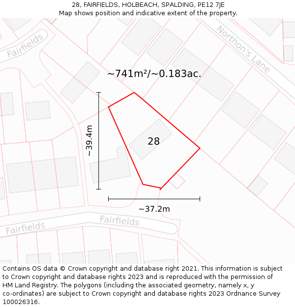 28, FAIRFIELDS, HOLBEACH, SPALDING, PE12 7JE: Plot and title map