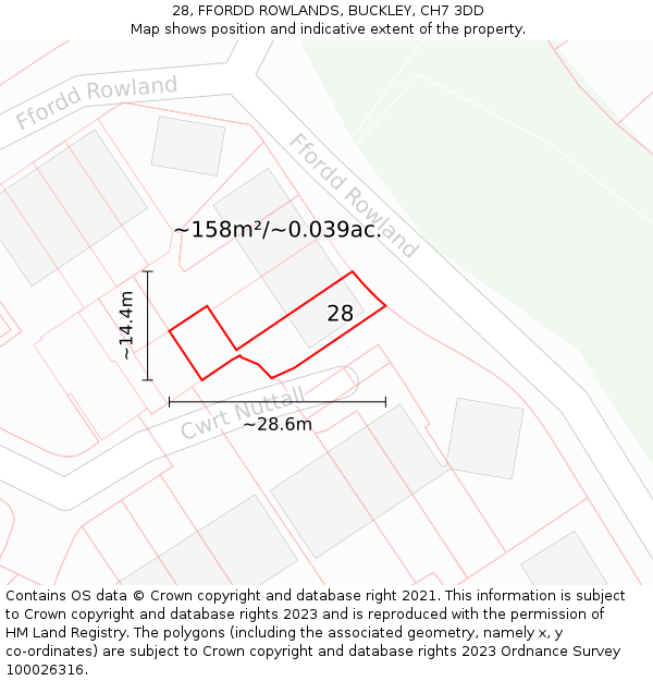 28, FFORDD ROWLANDS, BUCKLEY, CH7 3DD: Plot and title map