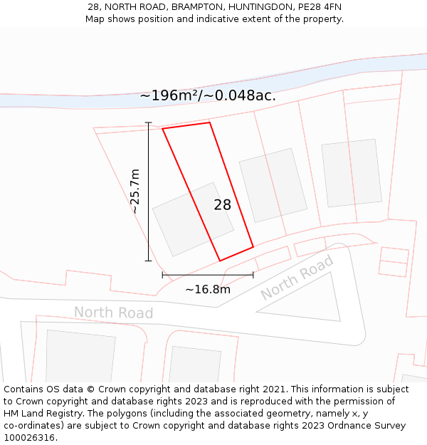28, NORTH ROAD, BRAMPTON, HUNTINGDON, PE28 4FN: Plot and title map