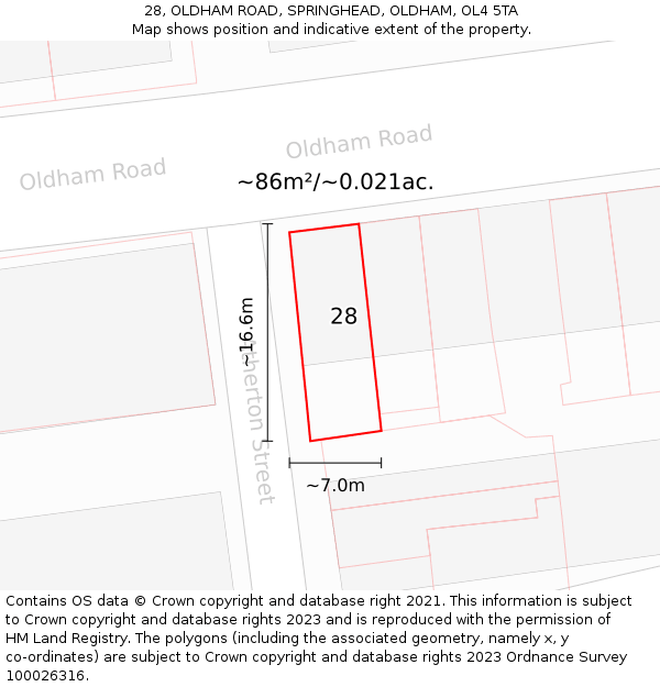 28, OLDHAM ROAD, SPRINGHEAD, OLDHAM, OL4 5TA: Plot and title map
