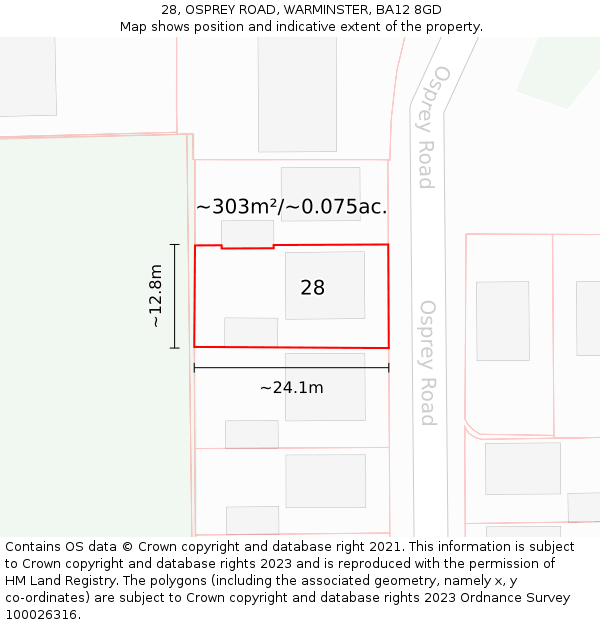28, OSPREY ROAD, WARMINSTER, BA12 8GD: Plot and title map