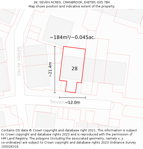 28, SEVEN ACRES, CRANBROOK, EXETER, EX5 7BX: Plot and title map