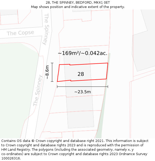 28, THE SPINNEY, BEDFORD, MK41 0ET: Plot and title map
