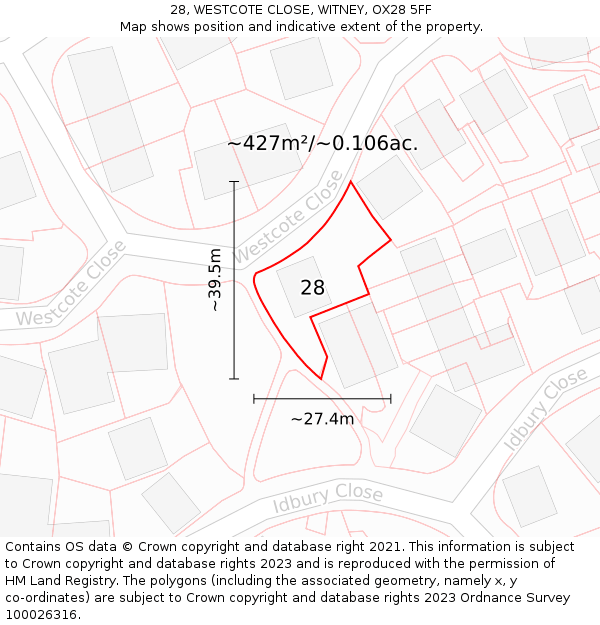 28, WESTCOTE CLOSE, WITNEY, OX28 5FF: Plot and title map