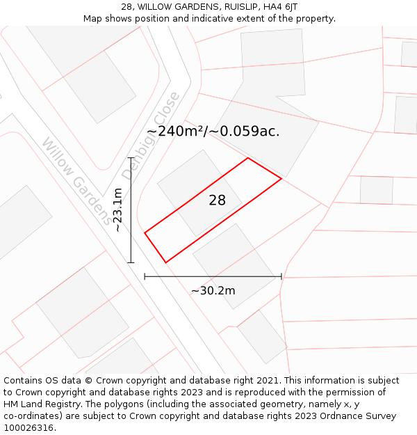 28, WILLOW GARDENS, RUISLIP, HA4 6JT: Plot and title map