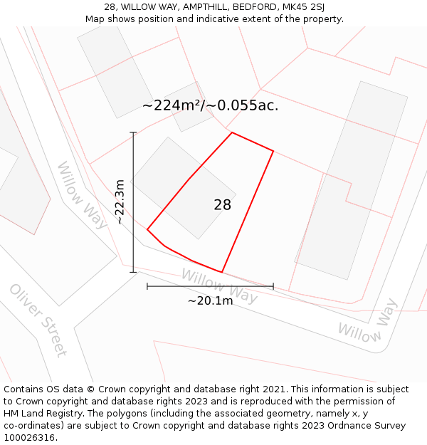 28, WILLOW WAY, AMPTHILL, BEDFORD, MK45 2SJ: Plot and title map