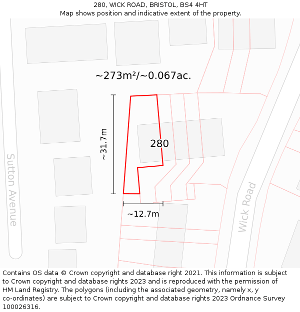 280, WICK ROAD, BRISTOL, BS4 4HT: Plot and title map