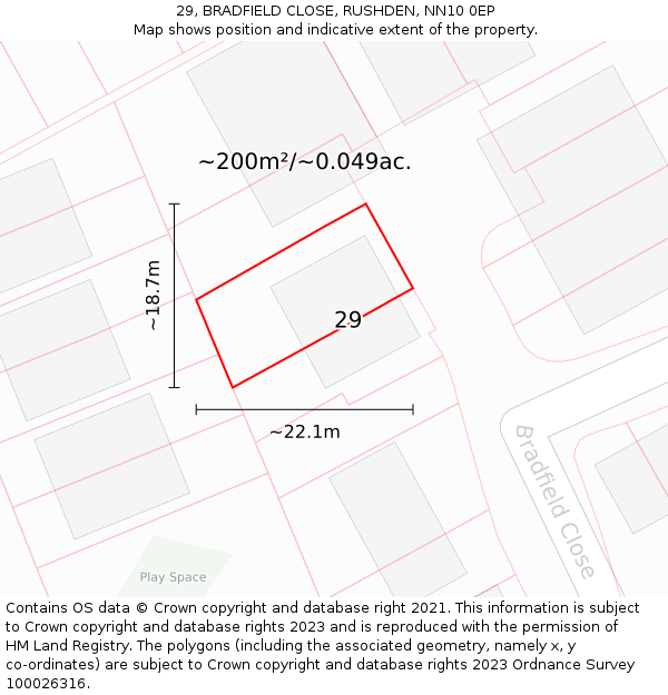 29, BRADFIELD CLOSE, RUSHDEN, NN10 0EP: Plot and title map