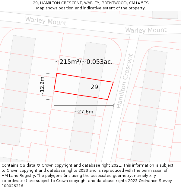 29, HAMILTON CRESCENT, WARLEY, BRENTWOOD, CM14 5ES: Plot and title map