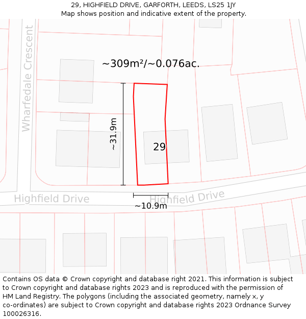 29, HIGHFIELD DRIVE, GARFORTH, LEEDS, LS25 1JY: Plot and title map
