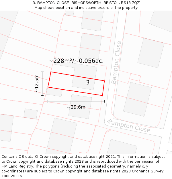 3, BAMPTON CLOSE, BISHOPSWORTH, BRISTOL, BS13 7QZ: Plot and title map