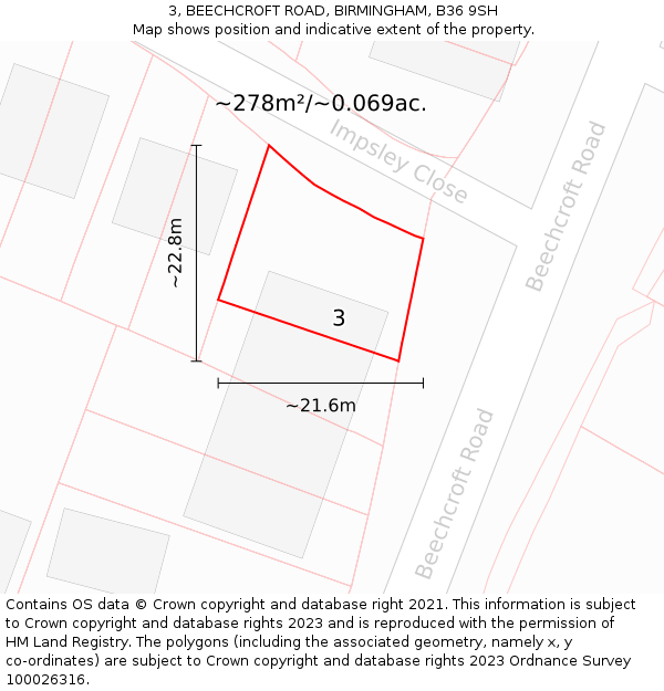 3, BEECHCROFT ROAD, BIRMINGHAM, B36 9SH: Plot and title map