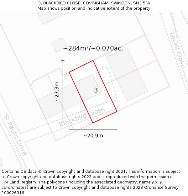 3, BLACKBIRD CLOSE, COVINGHAM, SWINDON, SN3 5FA: Plot and title map