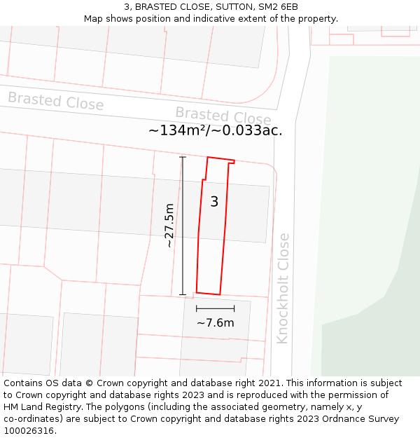 3, BRASTED CLOSE, SUTTON, SM2 6EB: Plot and title map