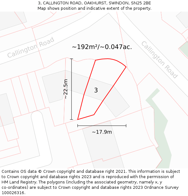 3, CALLINGTON ROAD, OAKHURST, SWINDON, SN25 2BE: Plot and title map