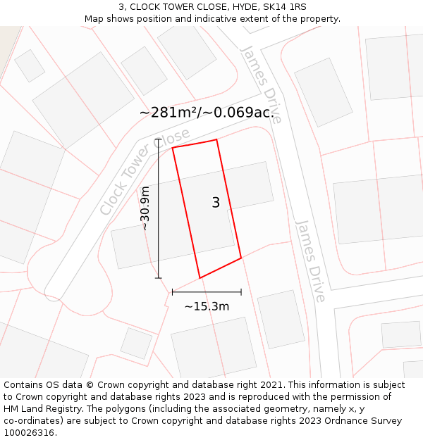 3, CLOCK TOWER CLOSE, HYDE, SK14 1RS: Plot and title map