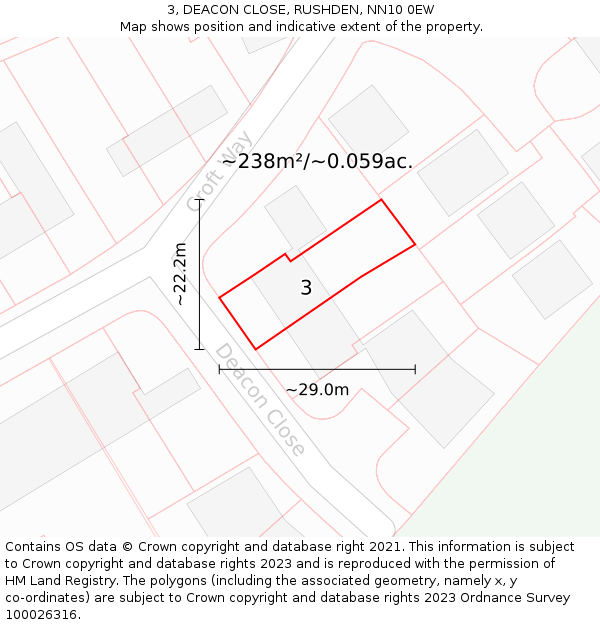 3, DEACON CLOSE, RUSHDEN, NN10 0EW: Plot and title map