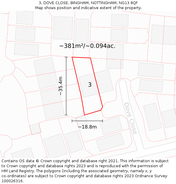 3, DOVE CLOSE, BINGHAM, NOTTINGHAM, NG13 8QF: Plot and title map