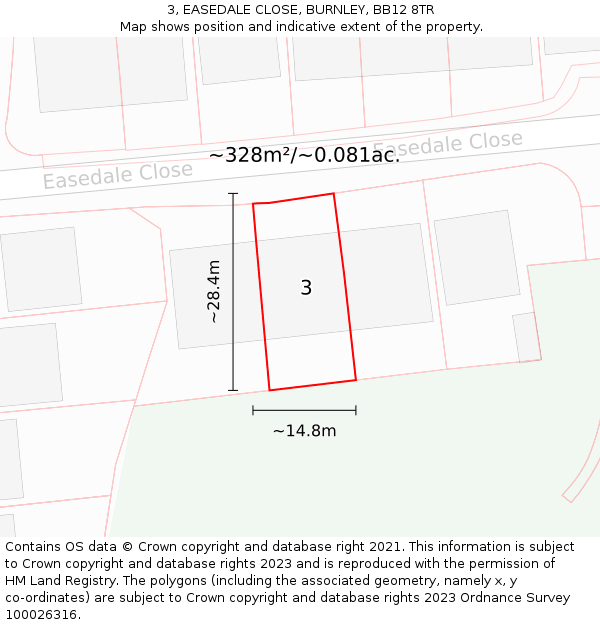 3, EASEDALE CLOSE, BURNLEY, BB12 8TR: Plot and title map