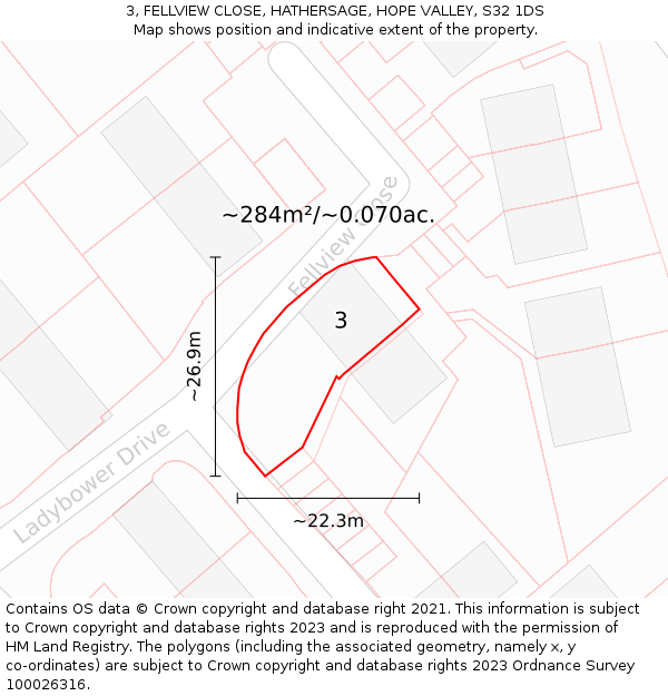 3, FELLVIEW CLOSE, HATHERSAGE, HOPE VALLEY, S32 1DS: Plot and title map