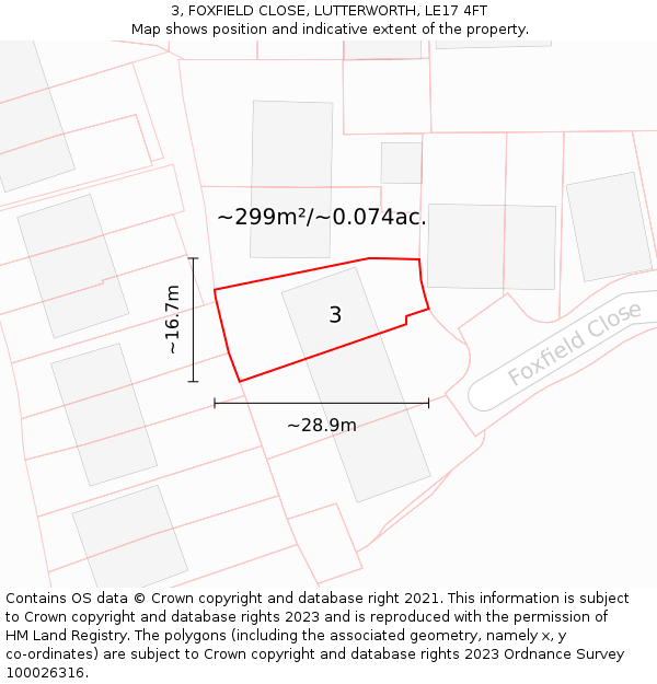 3, FOXFIELD CLOSE, LUTTERWORTH, LE17 4FT: Plot and title map