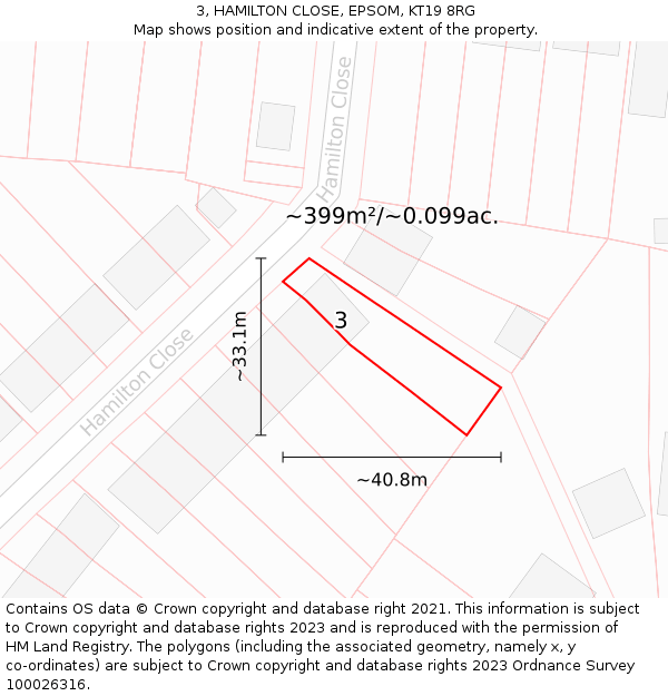 3, HAMILTON CLOSE, EPSOM, KT19 8RG: Plot and title map