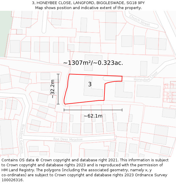 3, HONEYBEE CLOSE, LANGFORD, BIGGLESWADE, SG18 9PY: Plot and title map