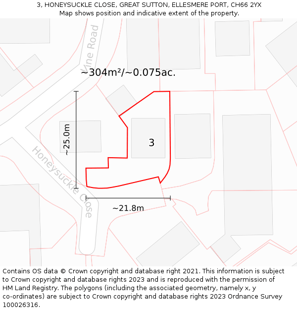 3, HONEYSUCKLE CLOSE, GREAT SUTTON, ELLESMERE PORT, CH66 2YX: Plot and title map