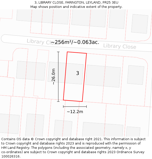 3, LIBRARY CLOSE, FARINGTON, LEYLAND, PR25 3EU: Plot and title map