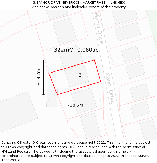 3, MANOR DRIVE, BINBROOK, MARKET RASEN, LN8 6BX: Plot and title map