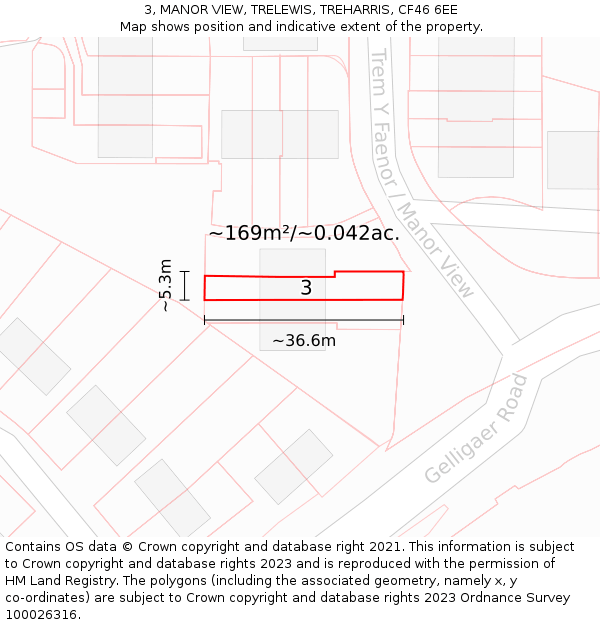 3, MANOR VIEW, TRELEWIS, TREHARRIS, CF46 6EE: Plot and title map