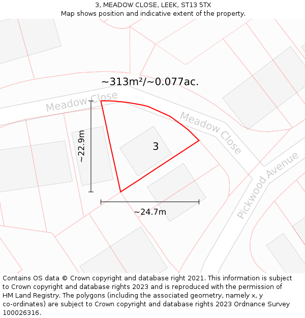 3, MEADOW CLOSE, LEEK, ST13 5TX: Plot and title map