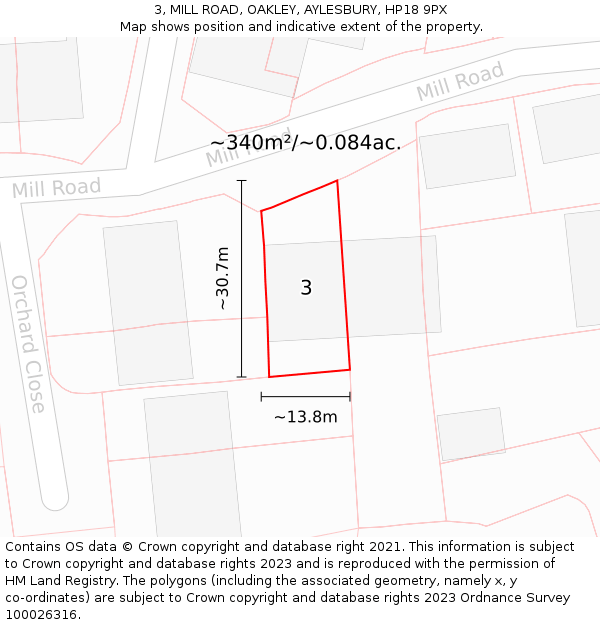 3, MILL ROAD, OAKLEY, AYLESBURY, HP18 9PX: Plot and title map