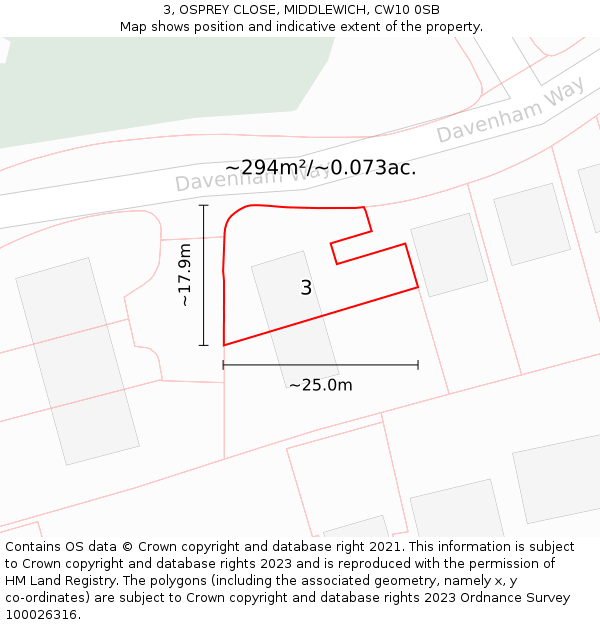 3, OSPREY CLOSE, MIDDLEWICH, CW10 0SB: Plot and title map
