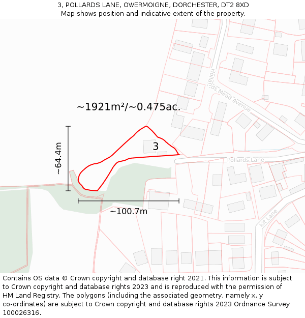 3, POLLARDS LANE, OWERMOIGNE, DORCHESTER, DT2 8XD: Plot and title map