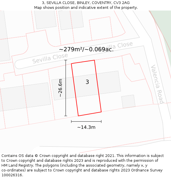 3, SEVILLA CLOSE, BINLEY, COVENTRY, CV3 2AG: Plot and title map