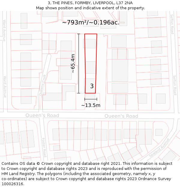 3, THE PINES, FORMBY, LIVERPOOL, L37 2NA: Plot and title map