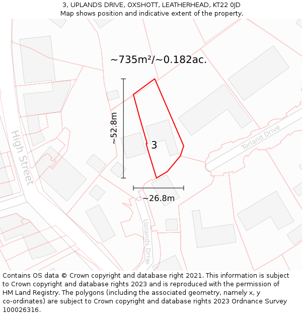3, UPLANDS DRIVE, OXSHOTT, LEATHERHEAD, KT22 0JD: Plot and title map