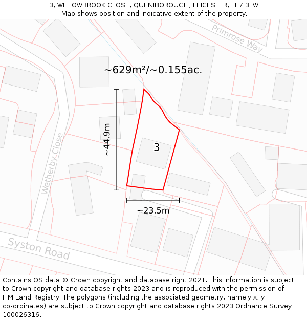 3, WILLOWBROOK CLOSE, QUENIBOROUGH, LEICESTER, LE7 3FW: Plot and title map